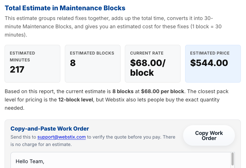 Example of estimate and cost