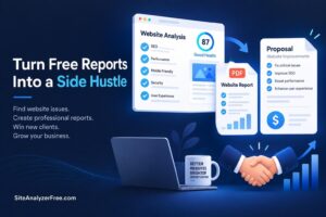Turn Free Reports Into a Side Hustle Website Analysis SEO Performance Mobile Friendly Security 87 Good Health PDF Website Report Proposal Website Improvements Fix critical issues Improve SEO Boost performance Enhance user experience User Experience Find website issues. Create professional reports. Win new clients. Grow your business.
