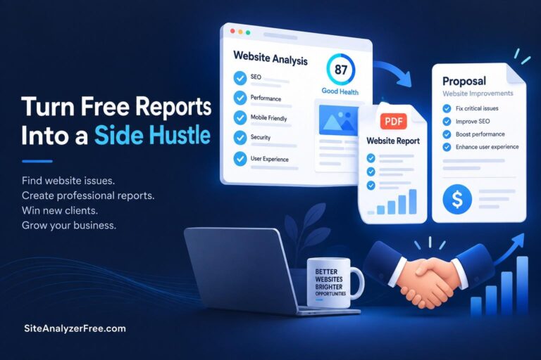 Turn Free Reports Into a Side Hustle Website Analysis SEO Performance Mobile Friendly Security 87 Good Health PDF Website Report Proposal Website Improvements Fix critical issues Improve SEO Boost performance Enhance user experience User Experience Find website issues. Create professional reports. Win new clients. Grow your business.