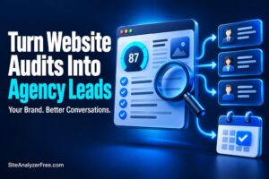 Illustrated website audit report connected to prospective client cards and an appointment calendar, with the headline “Turn Website Audits Into Agency Leads.”