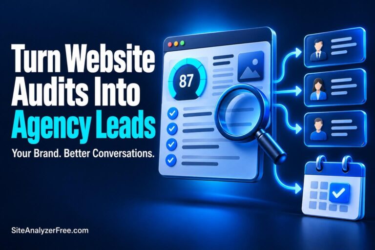 Illustrated website audit report connected to prospective client cards and an appointment calendar, with the headline “Turn Website Audits Into Agency Leads.”