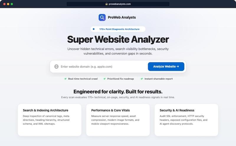Super Website Analyzer
Uncover hidden technical errors, search visibility bottlenecks, security vulnerabilities, and conversion gaps in seconds.